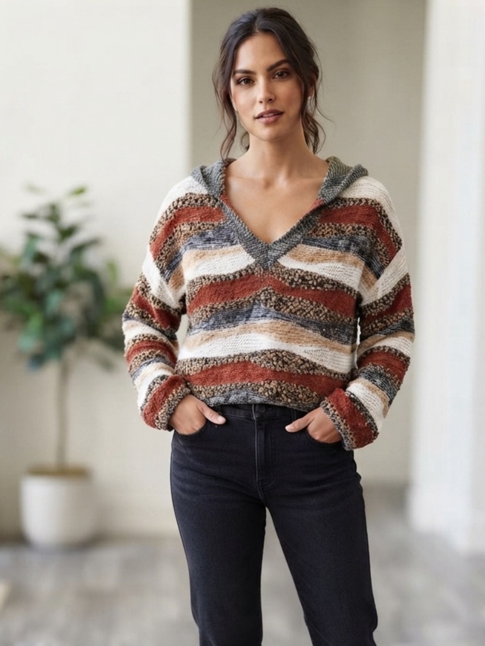BKE Nubby Stripe Scandi Minimal Goblin Core Neutral Slouchy Hooded Sweater small